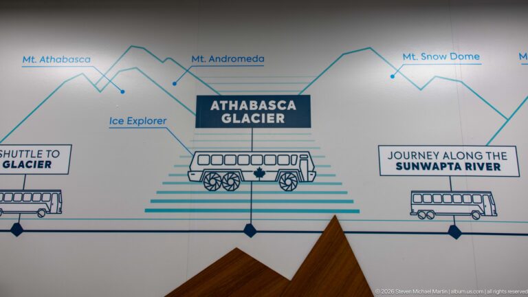 Stylized Athabasca Glacier wayfinding graphic labeling tour vehicles, Sunwapta River route, and surrounding mountain peaks.