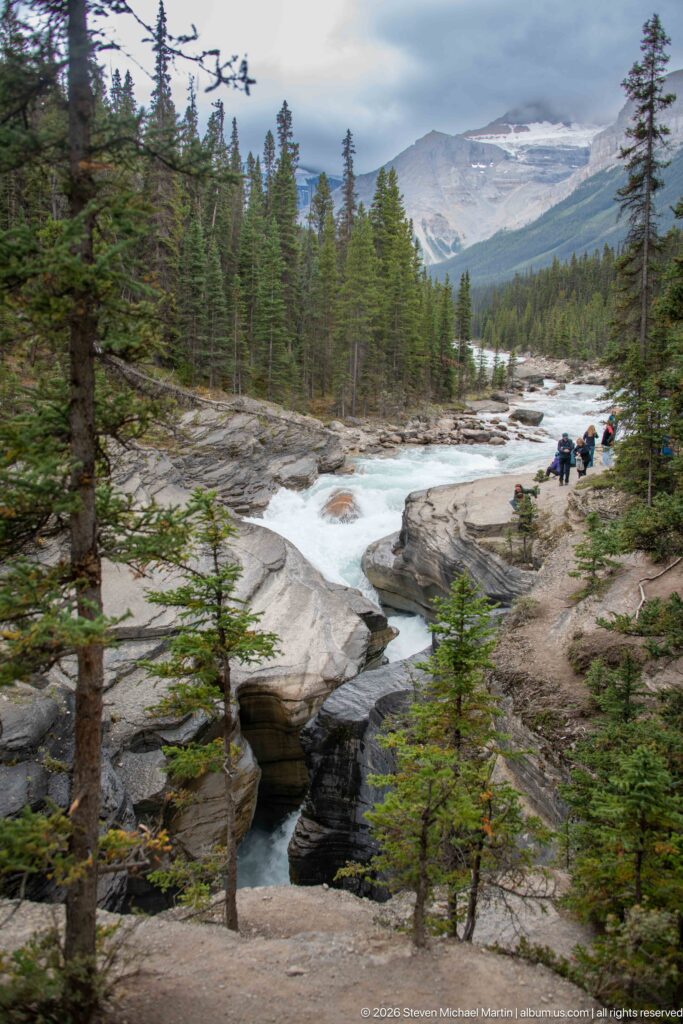 Mistaya River flows through pale canyon bedrock amid conifer forest, with layered mountains beneath an overcast sky.