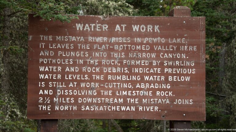Brown Water at Work sign explaining Mistaya River potholes, limestone erosion, Peyto Lake, and the North Saskatchewan River.