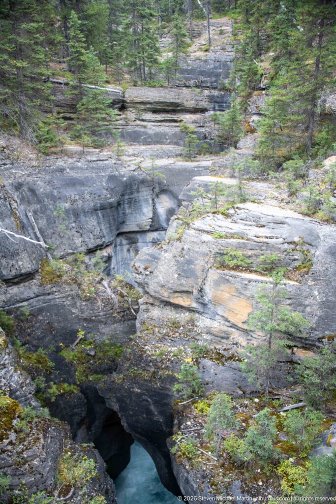 Narrow opening in gray canyon bedrock reveals blue-green Mistaya River water below, with scattered conifers and low plants nearby.