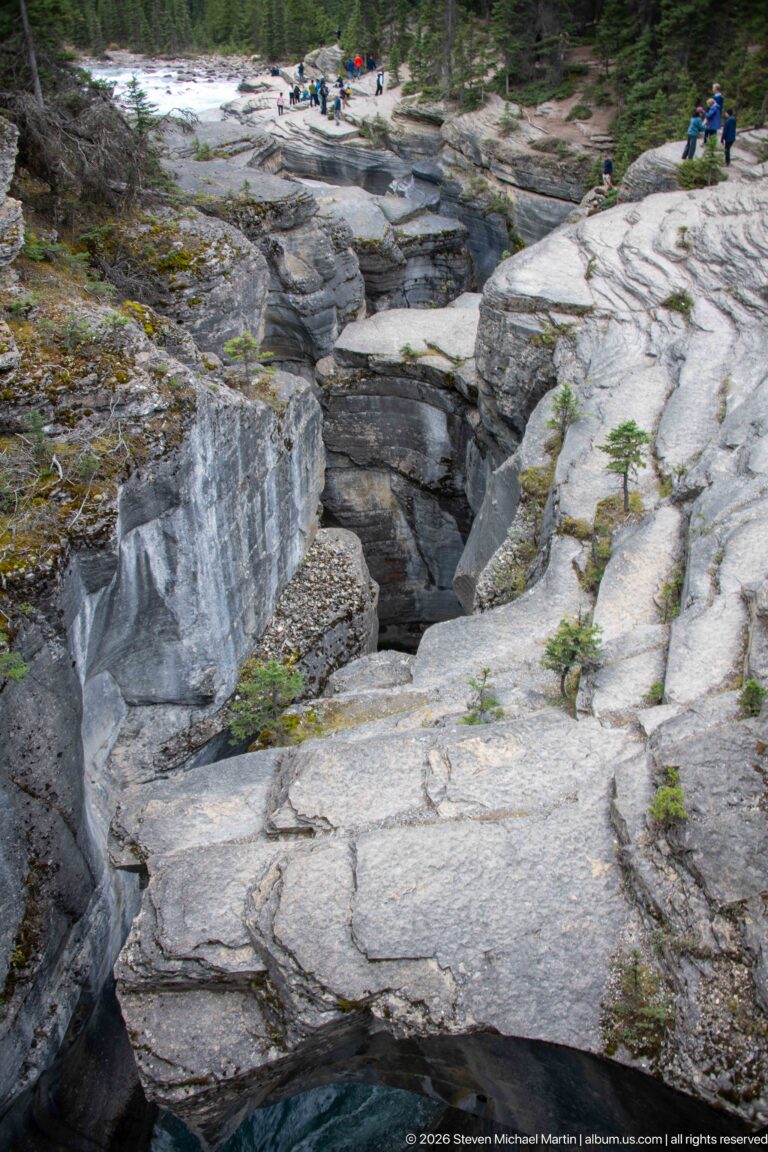Pale fractured bedrock forms the upper rim of Mistaya Canyon, with a deep narrow gorge and scattered small conifers.