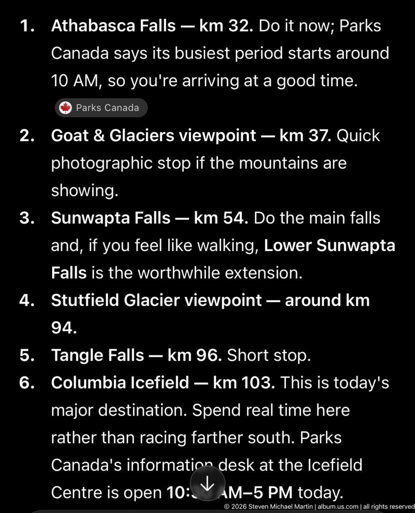 A trip-planning screen listing Sunwapta Falls among Icefields Parkway stops south of Jasper.