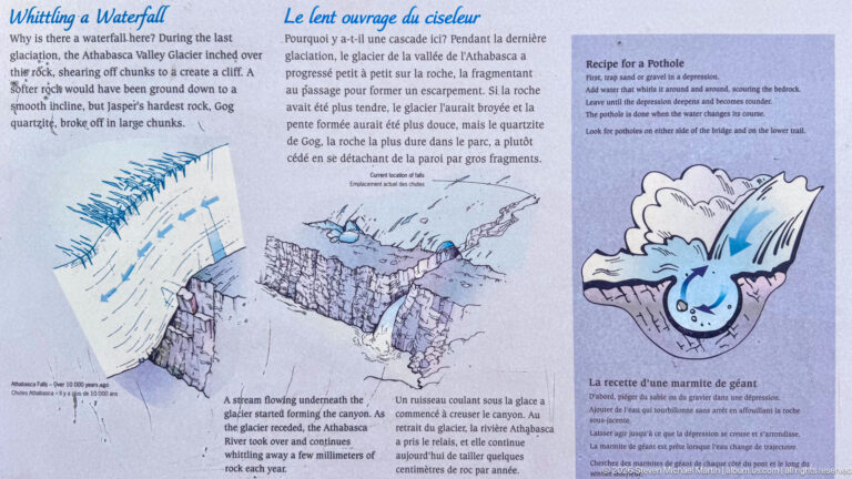 Bilingual geology panel with diagrams of swirling water, glacial ice, bedrock erosion, and pothole formation.