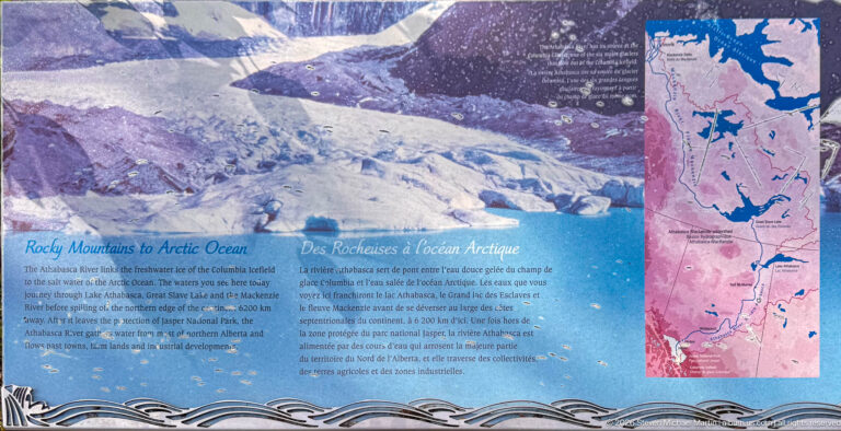 Interpretive panel with a glacier photograph, watershed maps, and text about the Athabasca River drainage.