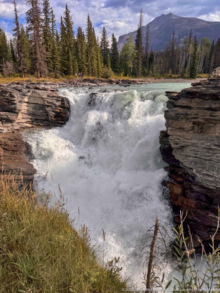 Broad turquoise river becoming foaming whitewater between layered rock walls, with forest and mountains beyond.