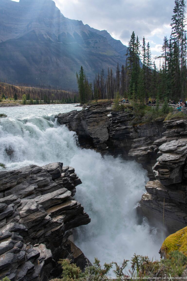 Whitewater crossing Athabasca Falls between layered rock ledges, with conifers and a mountain ridge beyond.