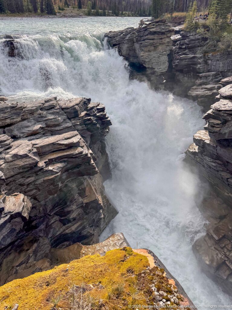 Close view of foaming whitewater plunging between layered rock walls at Athabasca Falls.