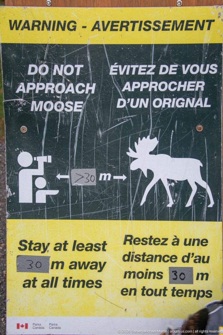 A weathered bilingual warning sign uses human and moose silhouettes to illustrate a minimum 30-metre separation