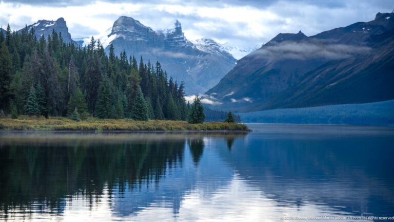 A forested peninsula extends into Maligne Lake beneath steep, partly snow-dusted mountain walls