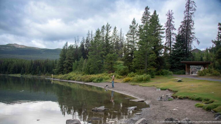 A visitor with two dogs stands at a quiet shoreline backed by conifer forest and mountains