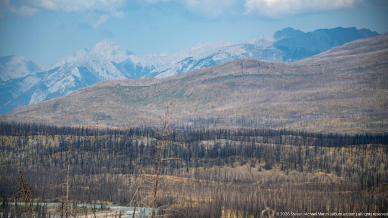 Layered blue mountain ranges and jagged distant peaks above broad slopes of burned forest.