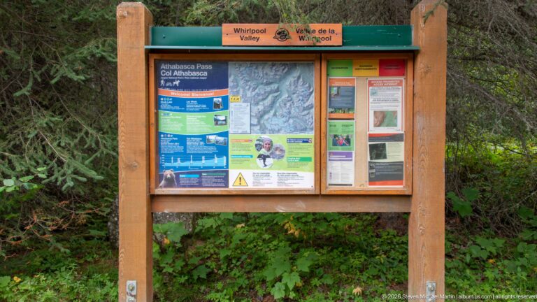 Wooden Whirlpool Valley trailhead kiosk displaying Athabasca Pass information, maps, notices, and safety guidance.