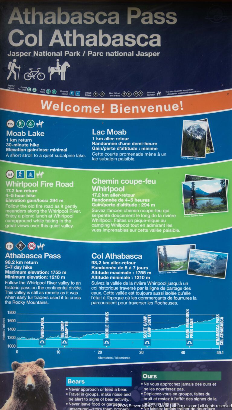 Bilingual Parks Canada trail panel listing Moab Lake, Whirlpool Fire Road, and Athabasca Pass with route information.