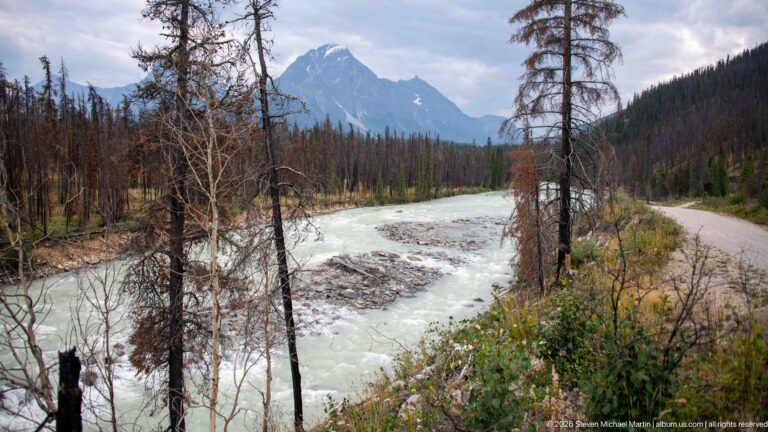Narrow road running beside a turquoise river through burned forest, with a steep mountain rising ahead.
