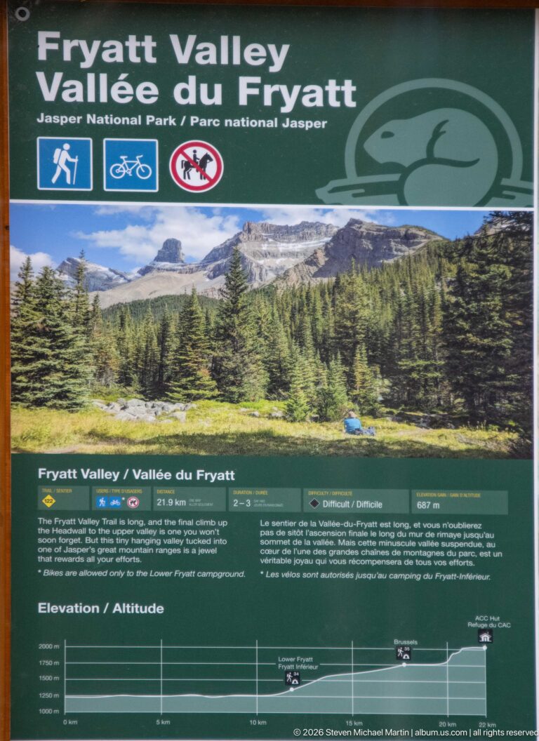 Parks Canada Fryatt Valley information panel with trail photograph, route text, elevation profile, and recreation symbols.
