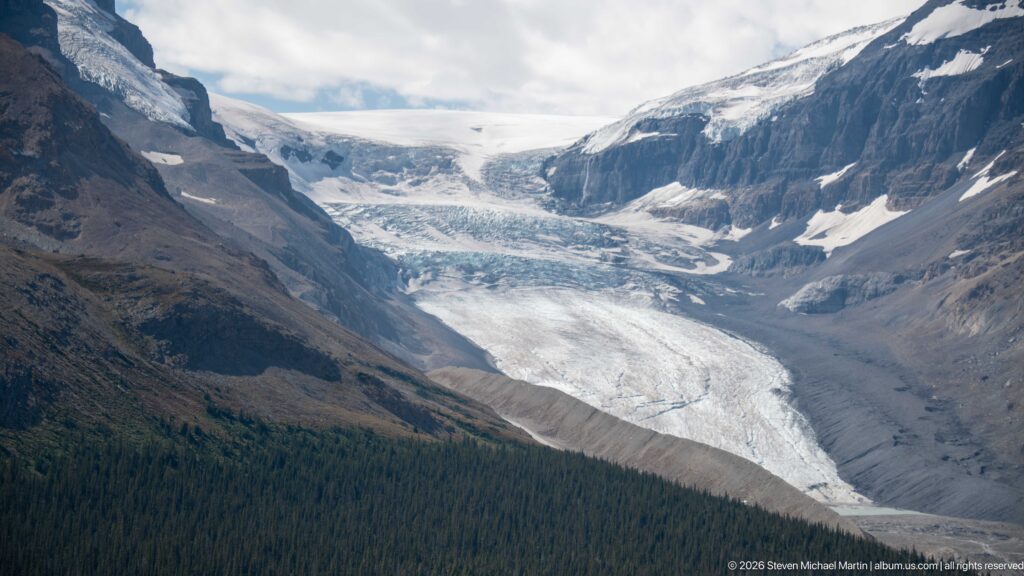 Broad crevassed glacier descending from a snowy basin between dark mountains toward a conifer forest.