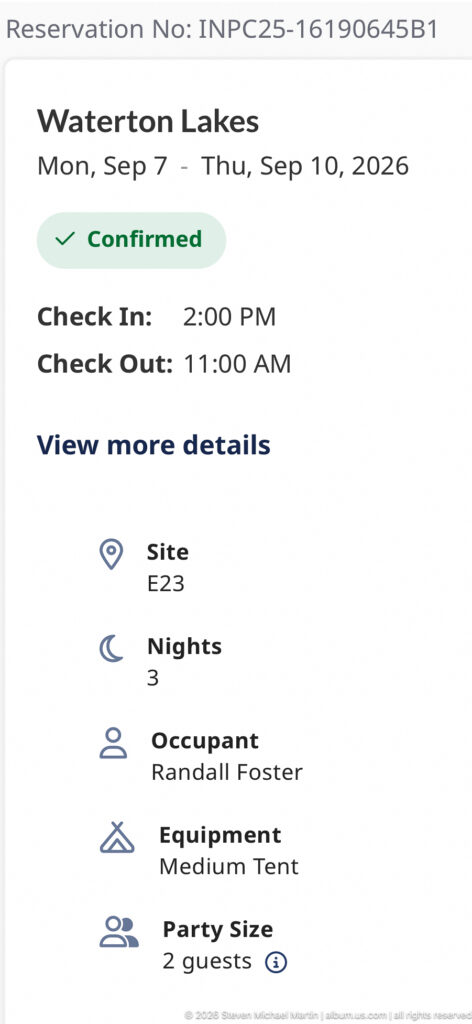 Reservation confirmation screen for Waterton Lakes showing site E23, medium tent equipment, two guests, and confirmed status.