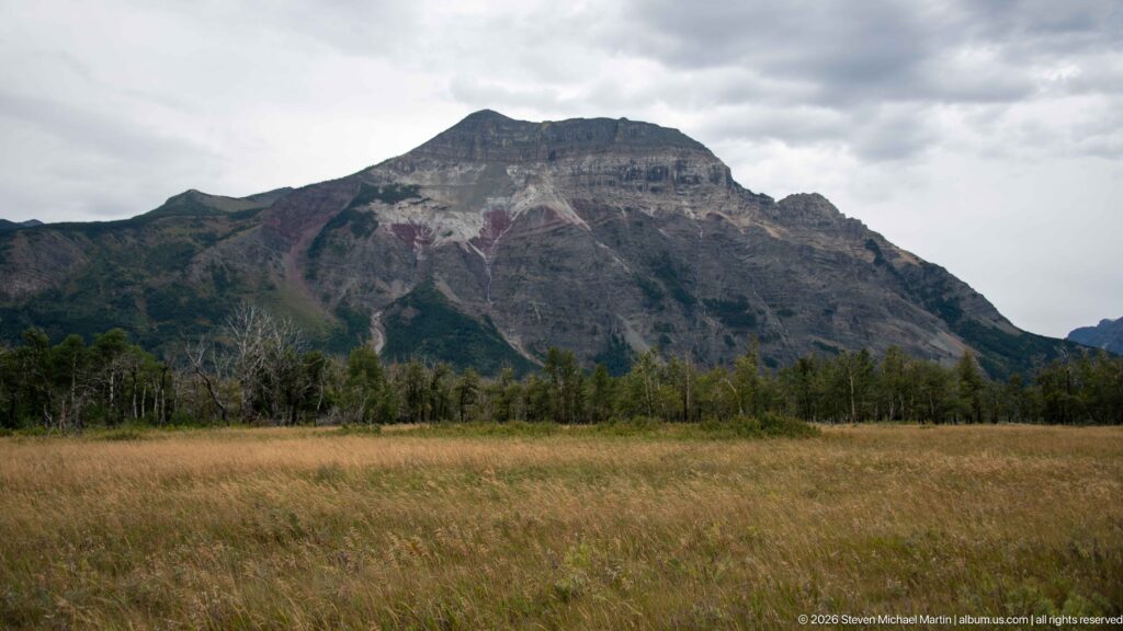 Golden grassland and a thin tree line below a massive layered mountain under gray clouds.