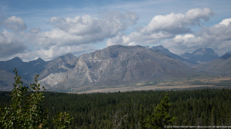 Gray eroded mountain ridge with pale scree channels above dark conifer forest beneath large cumulus clouds.