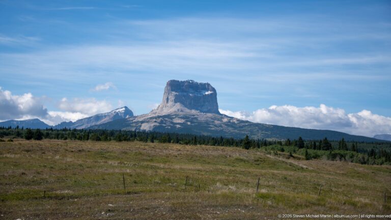 Chief Mountain in the distance beyond rolling grassland, fence posts, and a dark conifer forest beneath a blue sky.