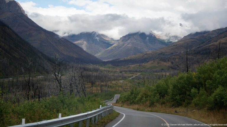 Curving paved road descending through a valley of standing dead trees toward jagged cloud-covered mountains.
