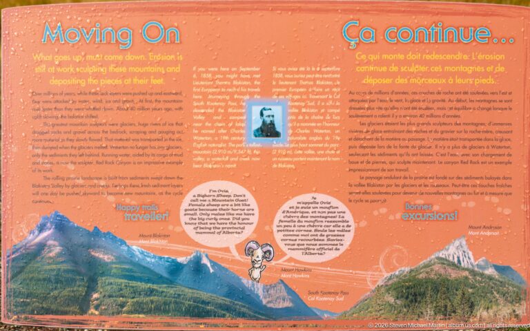 Orange bilingual geology panel with mountain illustrations, explanatory text, small diagrams, and a continuation heading.