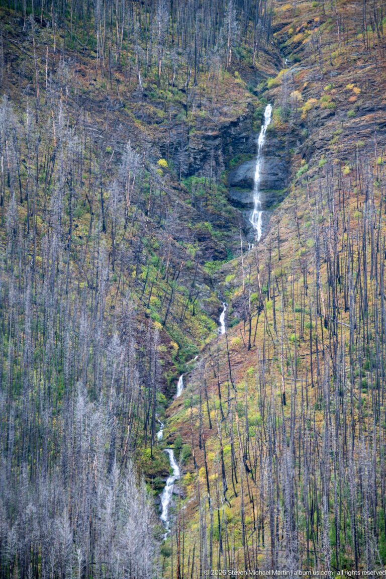 Long stepped cascade winding down a mountain slope through standing dead trees and bands of green and yellow vegetation.