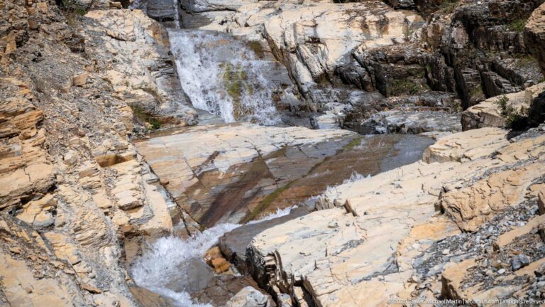 Small white-water cascade flowing through chutes and pools in pale layered bedrock with dark wet streaks.