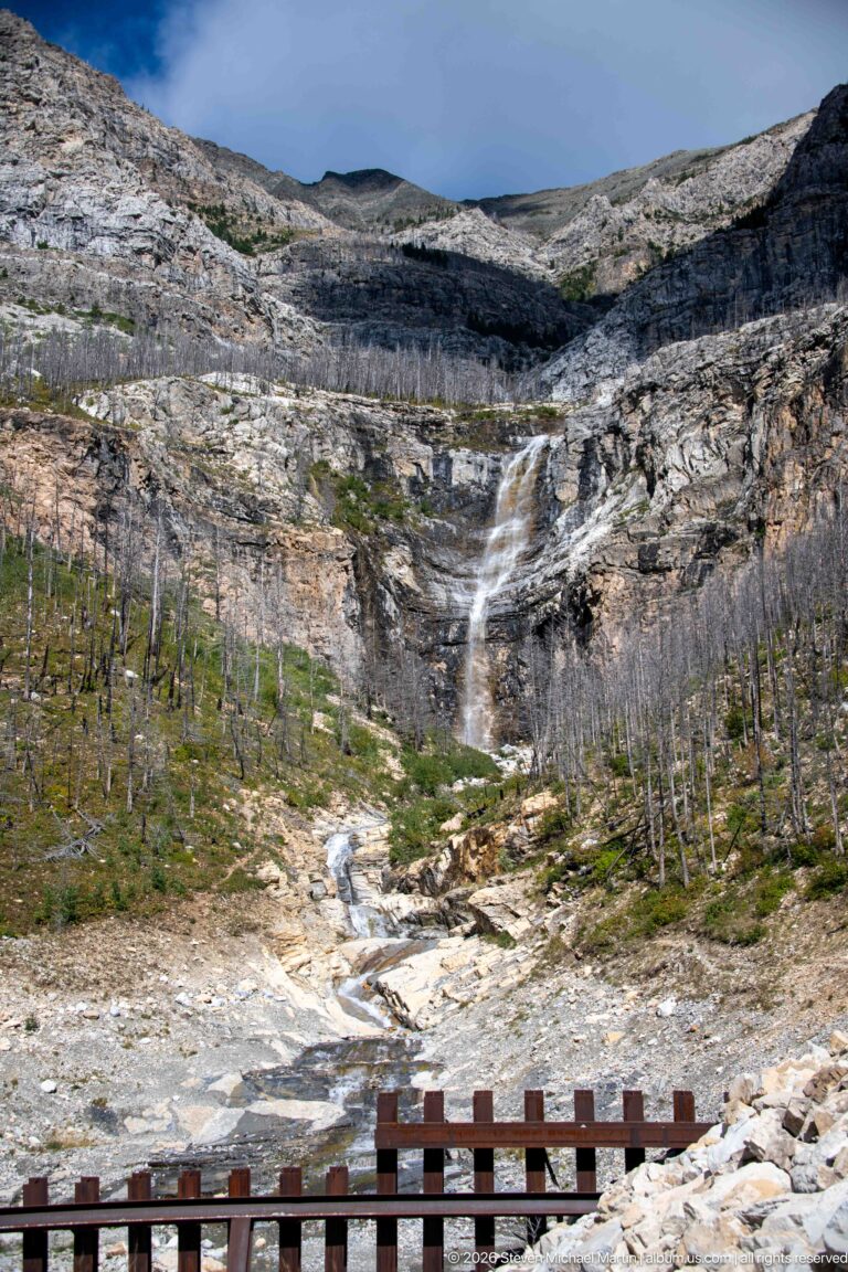 Waterfall descending a broad layered rock basin into a winding stream, with standing dead trees and a roadside barrier in front.
