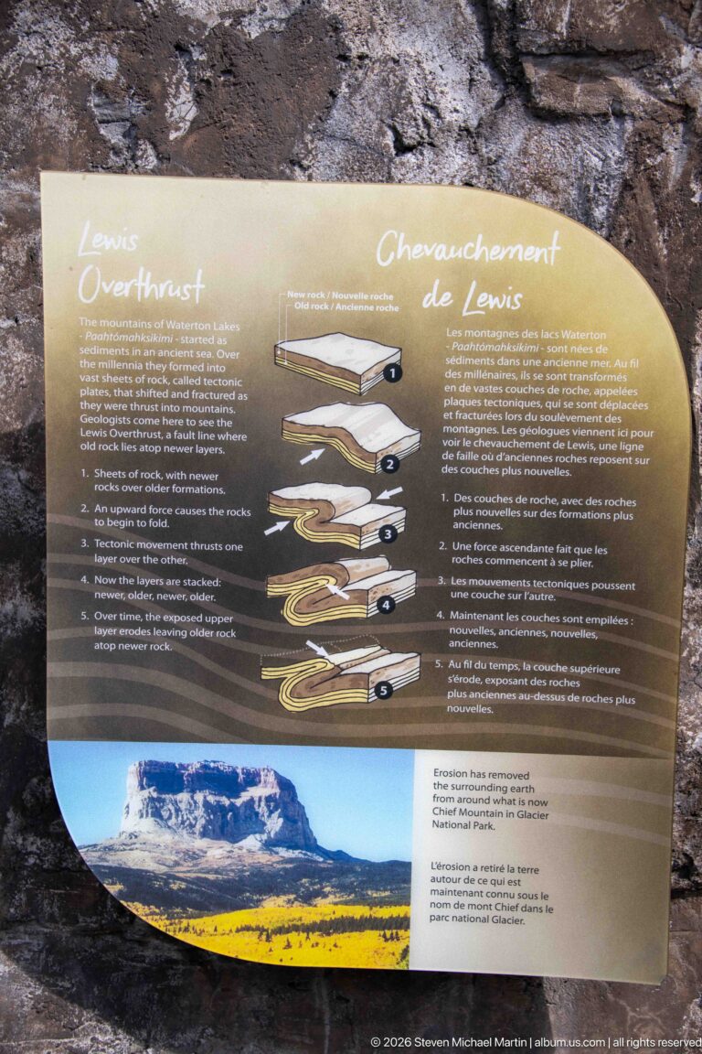 Bilingual Lewis Overthrust panel with sequential cross-section diagrams and a mountain landscape photograph.
