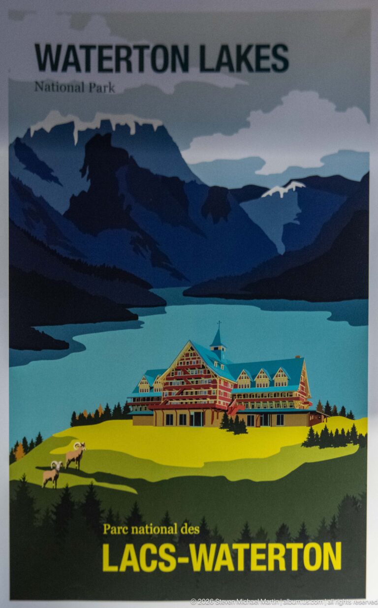 Stylized Waterton Lakes poster showing Prince of Wales Hotel above turquoise lake with layered blue mountains.