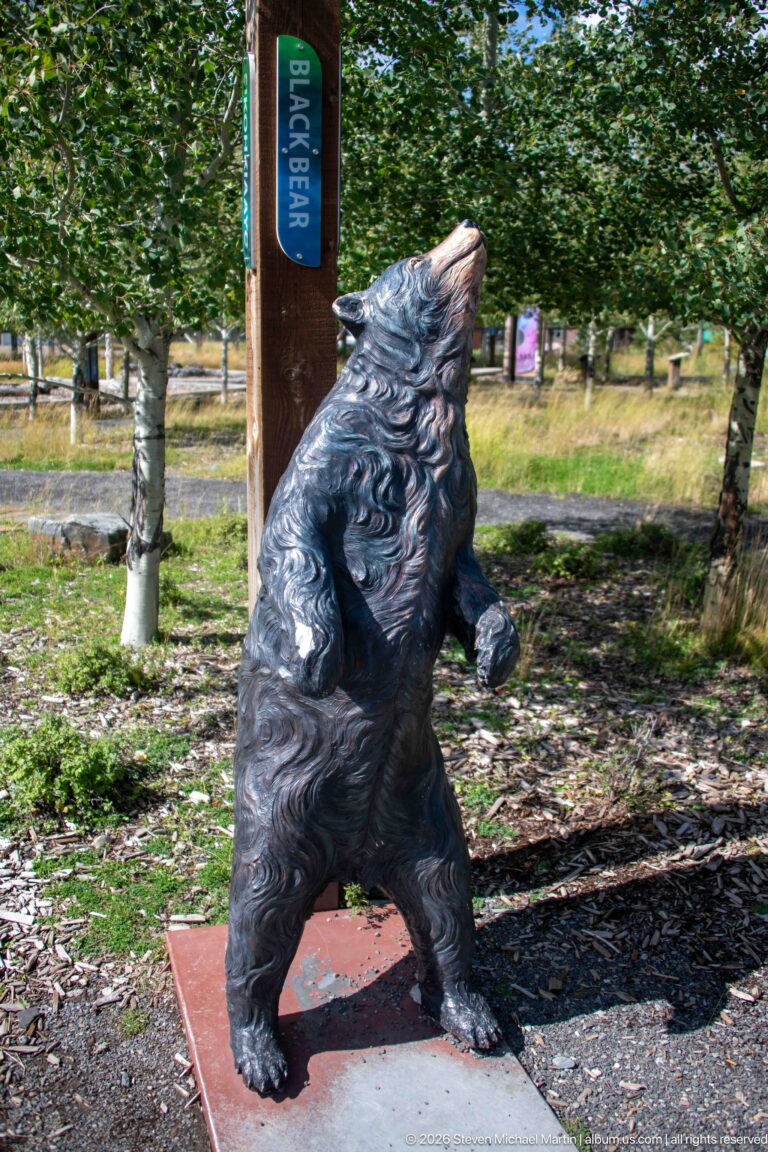Upright black bear sculpture beside a wooden species marker in the landscaped visitor center grounds.