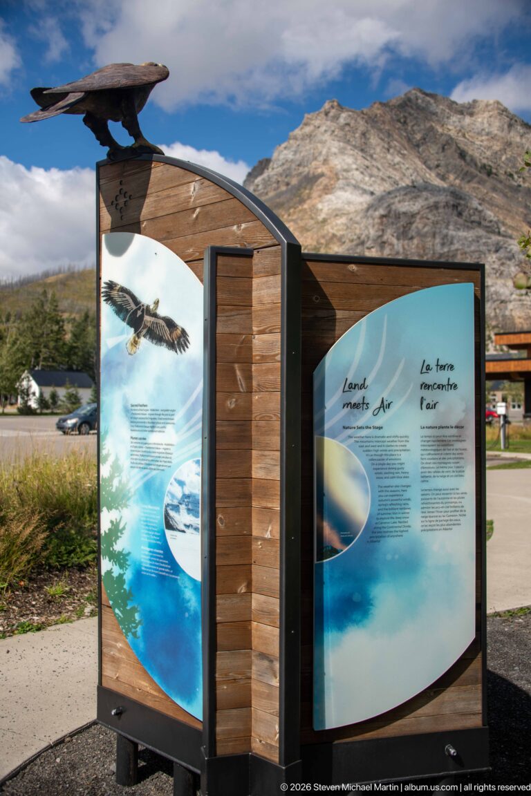 Wood-framed outdoor panel titled Learn from Air with blue sky graphics, bird imagery, and mountains behind.