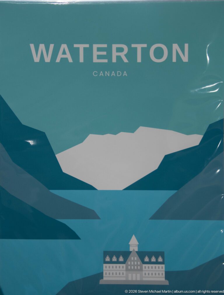 Stylized Waterton Canada poster with blue mountain and lake shapes and a small Prince of Wales Hotel at bottom.